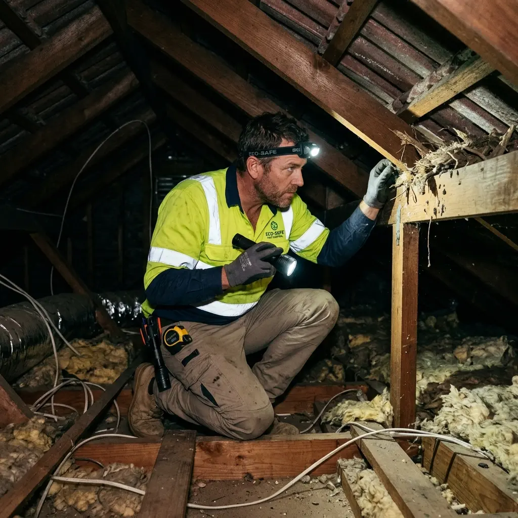 Technician inspecting a Keilor Lodge subfloor void for a deceased cat