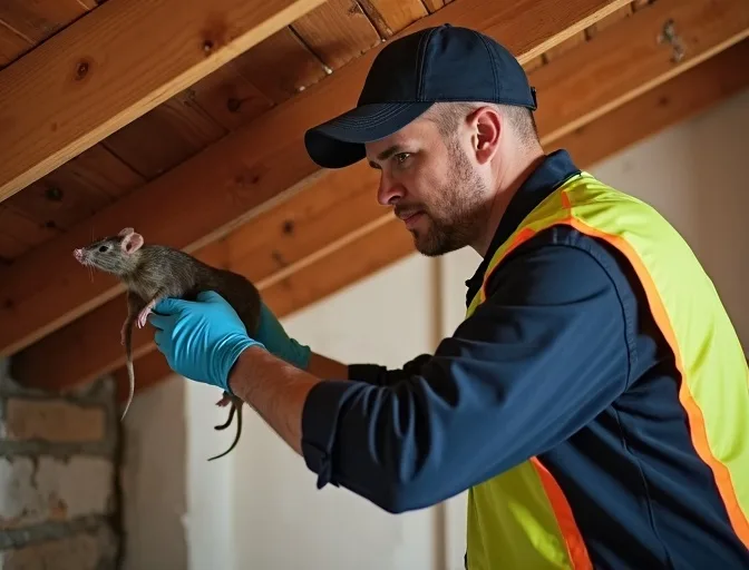 Technician inspecting a roof cavity for a dead rat in Keilor Lodge
